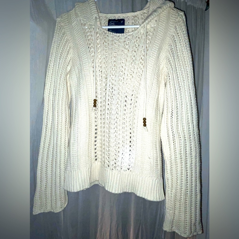 American Eagle, Boho Crocheted, hoodie with bell sleeves sweater, Sz L